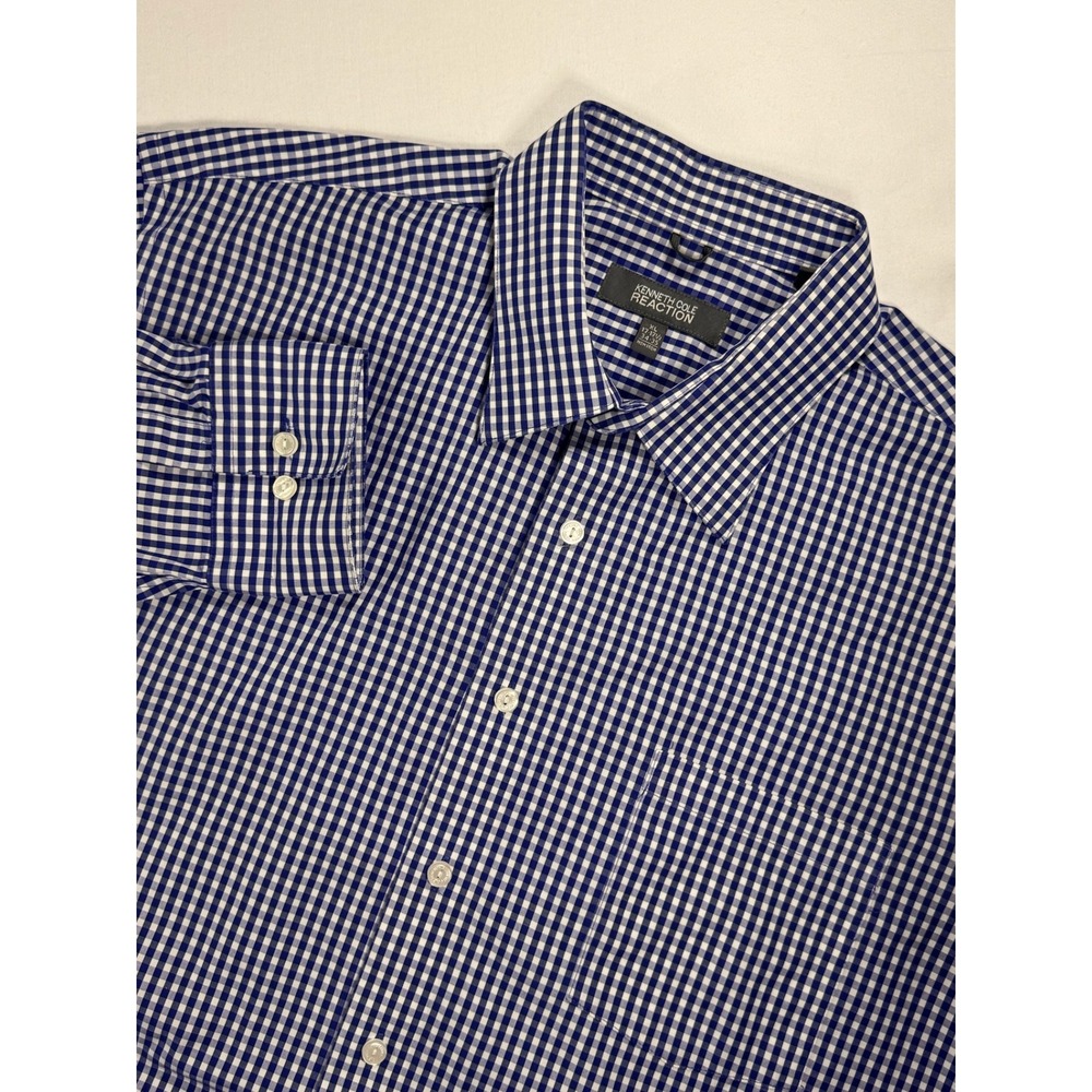 Kenneth Cole Reaction Mens XL Blue Gingham Non Iron Cotton Button Down Shirt